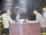 painting of a group of people sitting around a table with a bowl of fruit