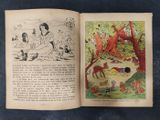 an open book with illustrations of animals and people in it