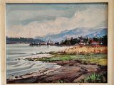 un tableau représentant un lac avec des montagnes au loin