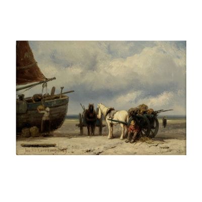 un tableau représentant un cheval tirant une charrette sur la plage