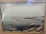 painting of a view of a body of water with rocks in the foreground