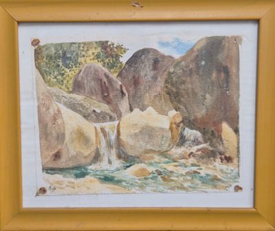 une photo d'un tableau représentant des rochers dans l'eau