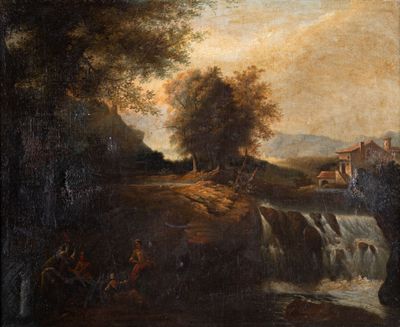 tableau représentant une rivière avec une cascade et un village au loin