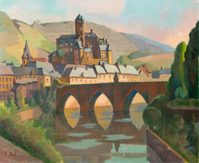 painting of a painting of a castle on a bridge over a body of water