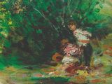 une peinture à l'huile représentant une femme assise au bord d'une rivière