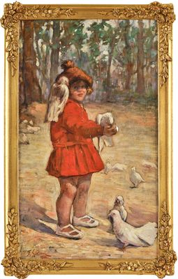 tableau représentant une petite fille en robe rouge tenant un oiseau dans la main