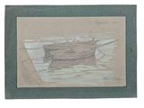 a drawing of a boat in a body of water