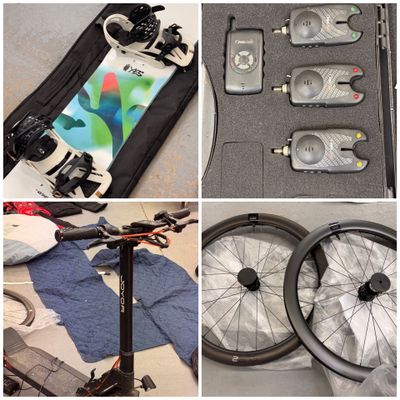 quatre photos : un snowboard, un snowboard, un vélo et une valise