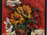 a painting of flowers in a vase on a table