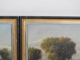 two paintings of cows grazing in a field with trees in the background