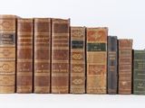 plusieurs vieux livres sont alignés sur une surface blanche