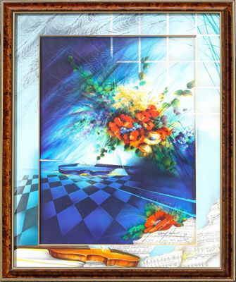 tableau représentant un vase de fleurs posé sur un sol à carreaux, avec un piano