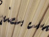 a close up of a fan with writing on it