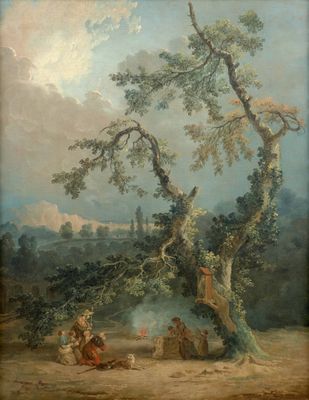 une peinture représentant un groupe de personnes assises sous un arbre