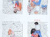 several drawings of people sitting on a bench in front of a sheet of paper