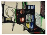 a drawing of a painting of a room with a lamp