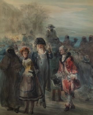 une peinture représentant un groupe de personnes marchant dans la rue
