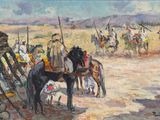 une peinture représentant un groupe de personnes à cheval