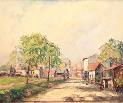 tableau représentant une route de campagne avec une calèche garée sur le bord de la route