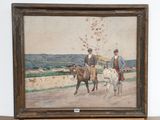 a painting of two men riding horses on a dirt road