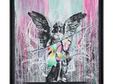 un tableau représentant un ange tenant un papillon sur un fond rose