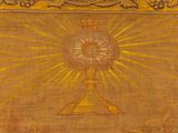 an image of a painting of a golden chalicer with a crown on it