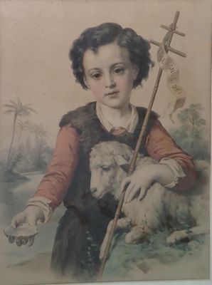 tableau représentant un jeune garçon tenant un mouton et une croix