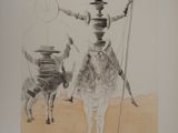 drawing of a man riding a horse with a dog on a leash