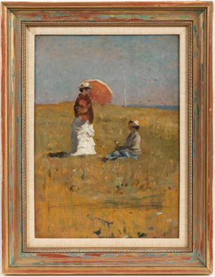 une image représentant un tableau où l'on voit une femme avec une ombrelle dans un champ
