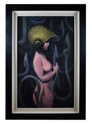 painting of a woman in a yellow hat holding a knife