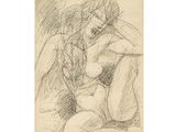 a black and white drawing of a woman sitting on a couch