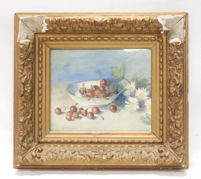 painting of a bowl of cherries and daisies on a table