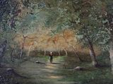 a painting of a man walking down a path in the woods
