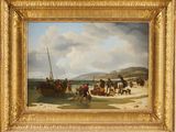 painting of a group of people on a beach with a boat in the background