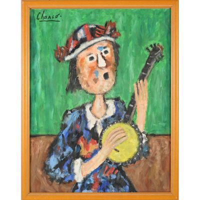 an oil painting of a woman with a guitar in front of a green background