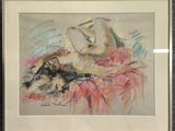tableau représentant une femme et un chien allongés sur un lit dans une chambre