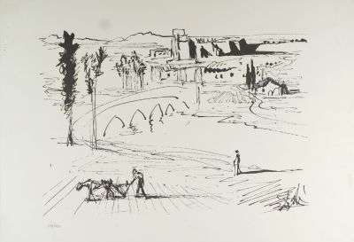 dessin représentant un paysage avec, au premier plan, un homme et un cheval, et, au loin, un pont