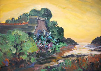 a painting of a river running through a field