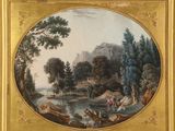 an image of a painting of a river scene with a man and a woman in a boat