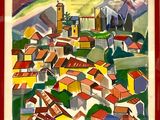 une image représentant un tableau d'un village avec des montagnes en arrière-plan