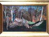 a painting of a group of people in a wooded area