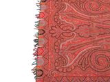 a close up of a red rug with a paisley design on it