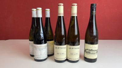 six bouteilles de vin sont alignées sur une table