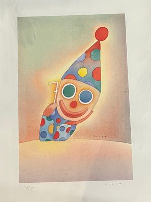 painting of a clown in a clown hat with a red nose