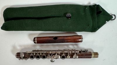a flute that is sitting next to a green bag