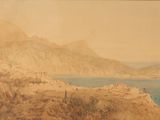 a picture of a painting of a mountain with a lake in the background