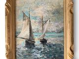 an oil painting of two sailboats in a body of water