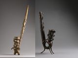 trois vues différentes d'un objet en bois, avec un couteau et d'autres objets