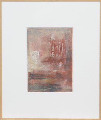 une peinture abstraite avec un cadre blanc et un fond rouge
