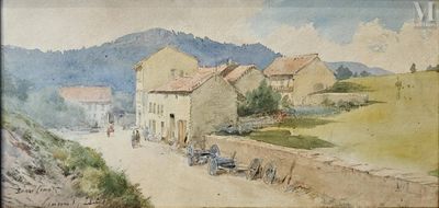 an image of a painting of a village with a mountain in the background